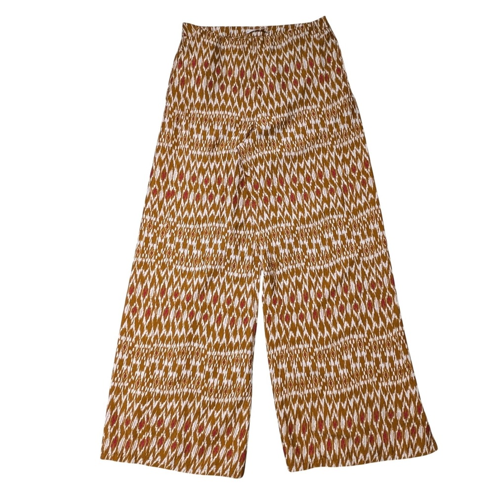 Summer Boho Wide Leg Ikat Print Sarong Pants Mustard Yellow Pink High Rise ~28